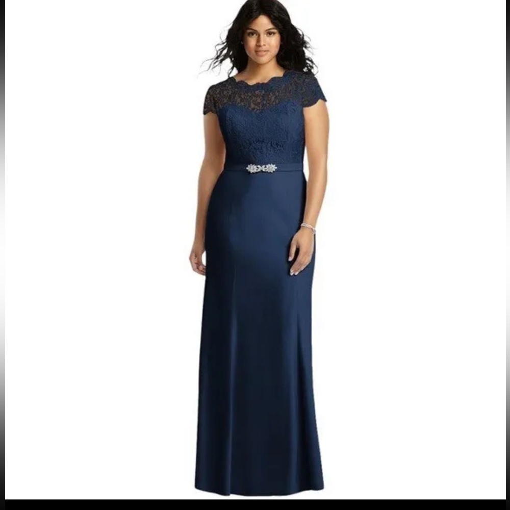 Jenny Packham Crepe Lace Bodice Jewel Belt Formal Gown Navy - Size 16